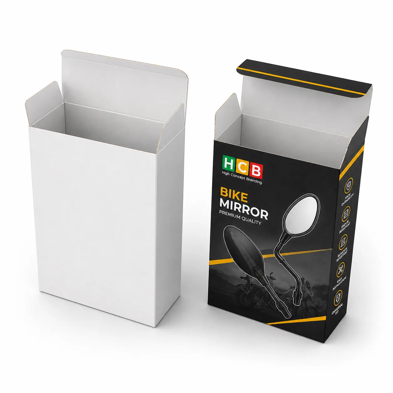 Two premium black and red bike mirror boxes with custom logos and circular viewing windows. class=